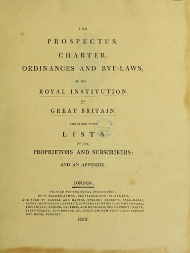 Cover for The prospectus, charter, ordinances and bye-laws, of the Royal Institution of Great Britain. Together with lists of the proprietors and subscribers. With an appendix