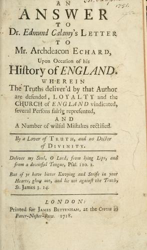 Cover for answer to Dr. Edmund Calamy's letter to Mr. Archdeacon Echard upon occasion of his History of England ...