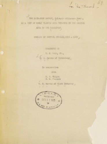 Cover for The seed-corn maggot, Hylemyia cilicrura Rond., as a pest of newly planted seed potatoes in the coastal area of the Carolinas; summary of control studies, 1925-1930