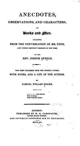 Cover for Anecdotes, Observations, and Characters, of Books and Men: Collected from the Conversation of Mr ...
