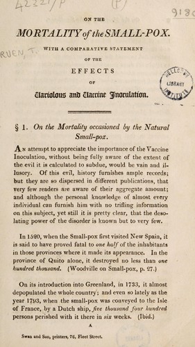 Cover for On the mortality of the small-pox. With a comparative statement of the effects of variolous and vaccine inoculation