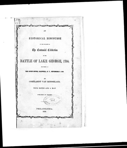 Cover for An historical discourse on the occasion of the centennial celebration of the Battle of Lake George, 1755