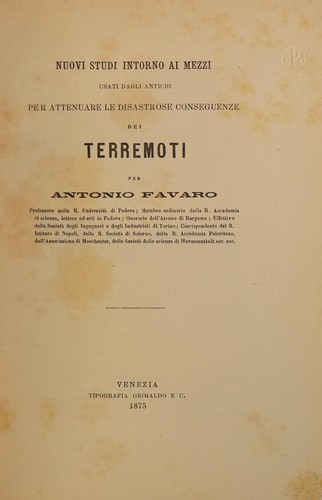 Cover for Nuovi studi intorno ai mezzi usati dagli antichi per attenuare le disastrose conseguenze dei terremoti