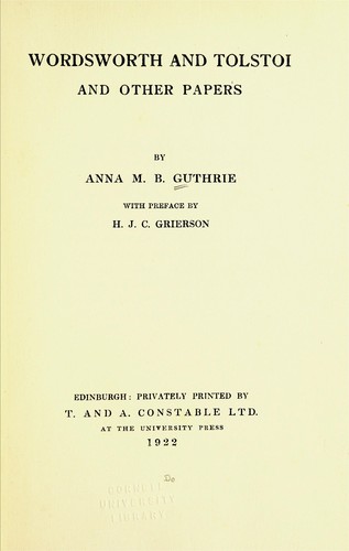 Cover for Wordsworth and Tolstoi and other papers