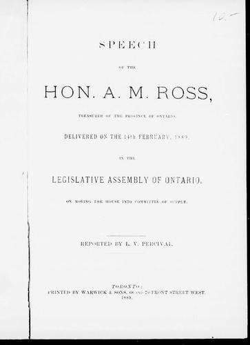 Cover for Speech of the Hon., A. M. Ross, treasurer of the province of Ontario