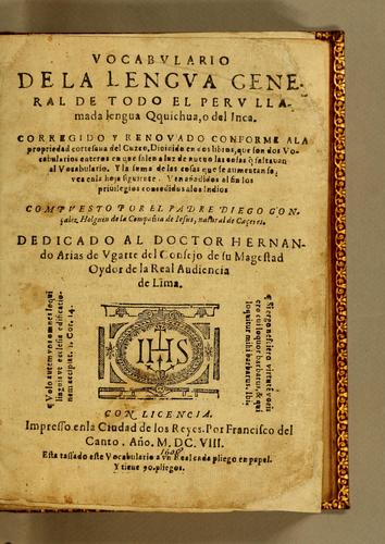 Cover for Vocabulario dela lengua general de todo el Peru llamada lengua Qquichua, o del Inca