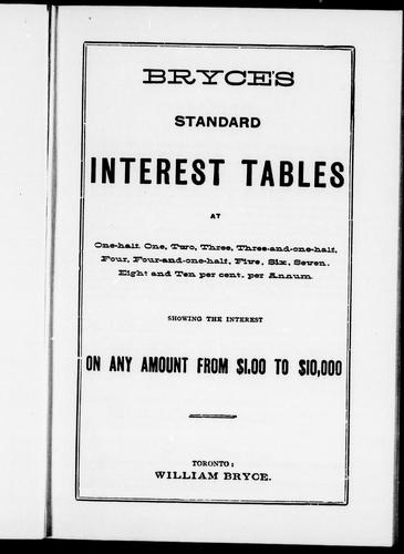 Cover for Bryce's standard interest tables at one-half, one, two, three, three-and-one-half, four, four-and-one-half, five, six, seven, eight and ten percent per annum showing the interest on any amount from $1.00 to $10,000