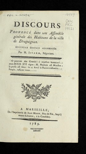 Cover for Discours prononce  dans une assemble e ge ne rale des habitans de la ville de Draguignan