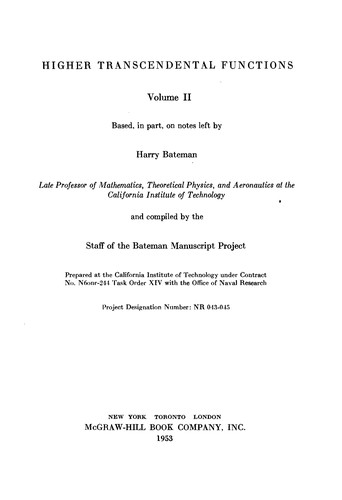 Cover for Higher transcendental functions