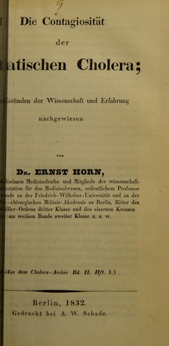 Cover for Die Contagiosit©Þt der Asiatischen Cholera