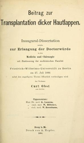 Cover for Beitrag zur Transplantation dicker Hautlappen.