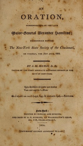 Cover for An oration, commemorative of the late Major-General Alexander Hamilton