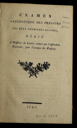 Cover for E xamen anecdotique des pensions des deux premieres classes