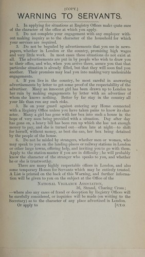 Cover for Warning to servants [with] Temporary list of recommended servant's registry offices