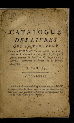 Cover for Catalogue des livres qui se trouvent chez Nyon l'ai ne , libraire, rue du Jardinet, quartier S. Andre -des-Arcs
