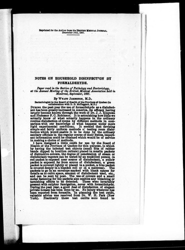 Cover for Notes on household disinfection by formaldehyde