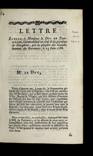 Cover for Lettre e crite a   Monsieur le Duc de Tonnerre