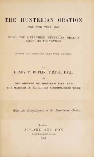 Cover for The Hunterian oration for the year 1907