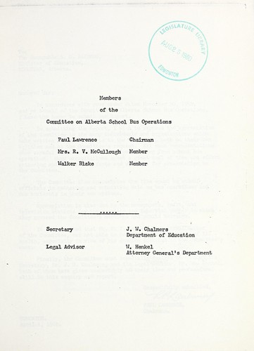 Cover for Report of the Committee on Alberta School Bus Operations, 1961