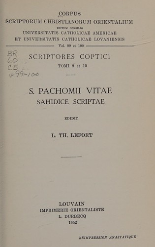 Cover for S. Pachomii vitae sahidice scriptae