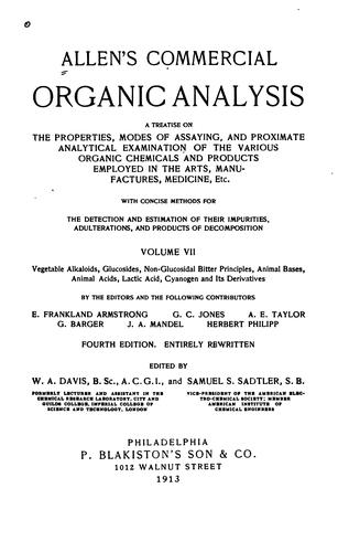 Cover for Allen's Commercial organic analysis v. 9, 1917: A Treatise on the Properties, Proximate ...