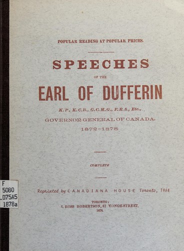 Cover for Speeches of the Earl of Dufferin, Governor-General of Canada, 1872-1878.