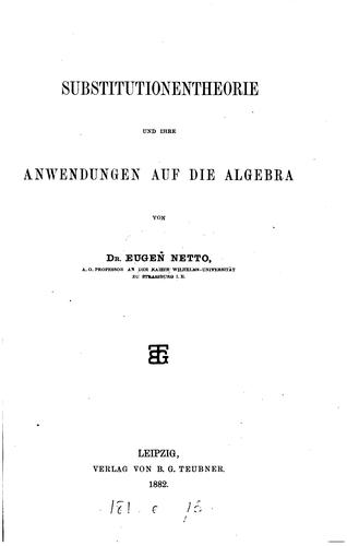Cover for Substitutionentheorie und ihre Anwendung auf die Algebra