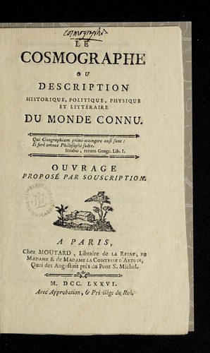 Cover for Le cosmographe, ou, Description historique, physique et litte raire du monde connu