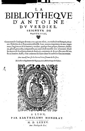 Cover for La bibliotheque d'Antoine du Verdier, seigneur de Vauprivas