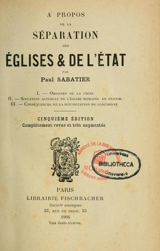 Cover for A propos de la separation des eglises & de l'Etat
