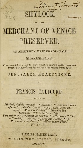 Cover for Shylock or, the Merchant of Venice preserved