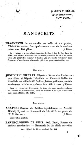 Cover for Livres anciens et modernes en vente au prix marqués chez Martinus Nijhoff: manuscrits du 13e au ...