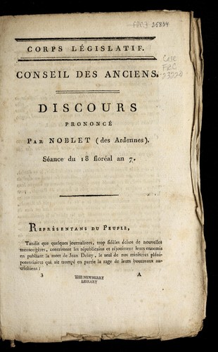 Cover for Discours prononce  par Noblet (des Ardennes), se ance du 18 flore al an 7.