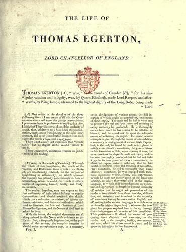 Cover for The life of Thomas Egerton, Lord Chancellor of England.