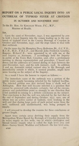 Cover for Report on a public local inquiry into an outbreak of typhoid fever at Croydon in October and November 1937.