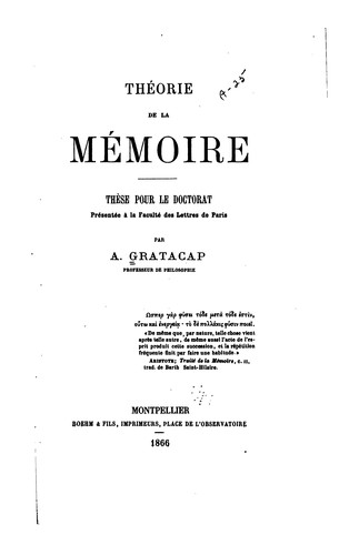 Cover for Théorie de la mémoire ...