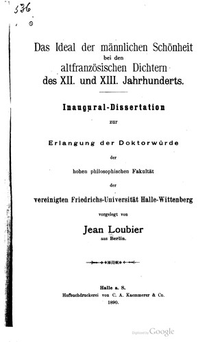 Cover for Das Ideal der männlichen Schönheit bei den altfranzösischen Dichtern des XII. und XIII. Jahrhunderts