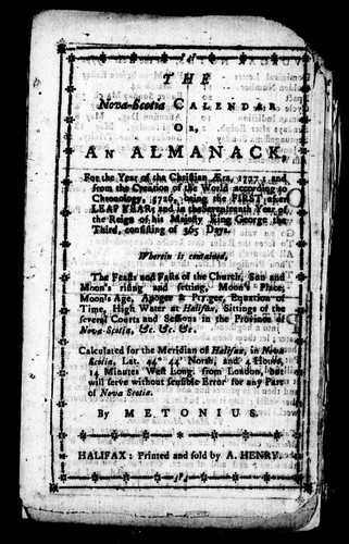 Cover for The Nova-Scotia calendar, or, An almanack for the year of the Christian ñra, 1777