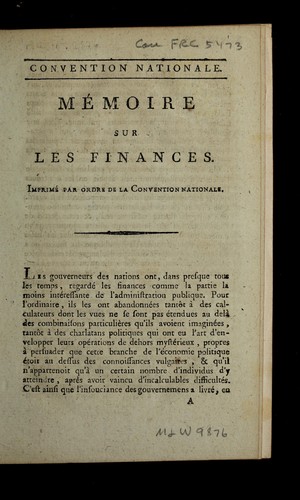 Cover for ... Me moire sur les finances
