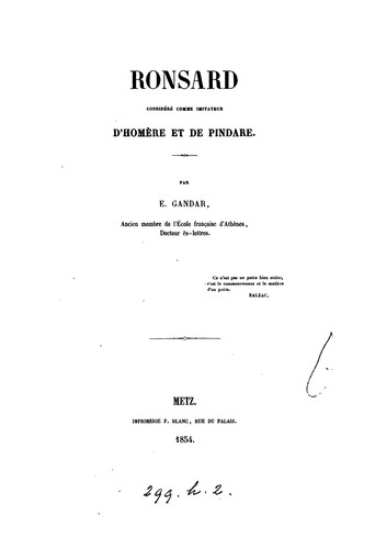 Cover for Ronsard considéré comme imitateur d'Homère et de Pindare
