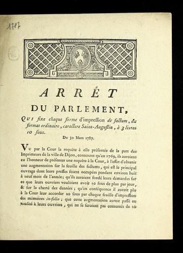Cover for Arre t du Parlement, qui fixe chaque forme d'impression de factum, du format ordinaire, caractere Saint-Augustin, a   3 livres 10 sous
