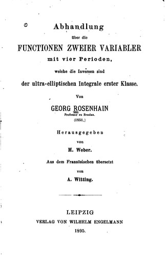 Cover for Abhandlung über die Functionen zweier variabler mit vier Perioden: Welche ...