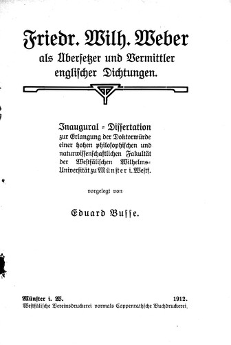 Cover for Friedr. Wilh. Weber als Übersetzer und Vermittler englischer Dichtungen