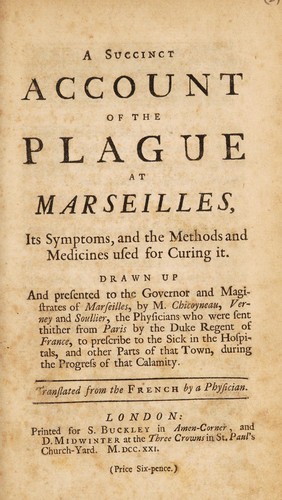 Cover for A succinct account of the plague at Marseilles. Its symptoms and the methods and medicines used for curing it