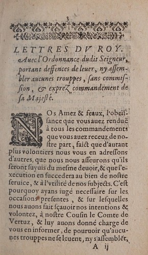 Cover for Lettres du roy, auec l'ordonnance dudict seigneur, portant deffences de leuer n'y assembler aucunes trouppes, sans commission & exprés commandement de sa Majesté