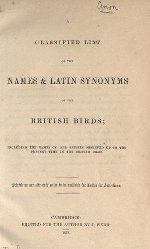Cover for A classified list of the names and Latin synonyms of the British birds