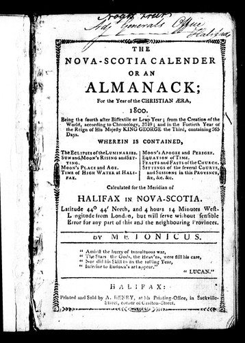 Cover for The Nova-Scotia calender, or, An almanack for the year of the Christian æera 1800