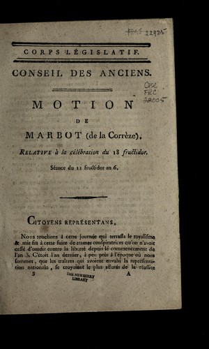 Cover for Motion de Marbot (de la Corre  ze), relative a   la ce le bration du 18 fructidor