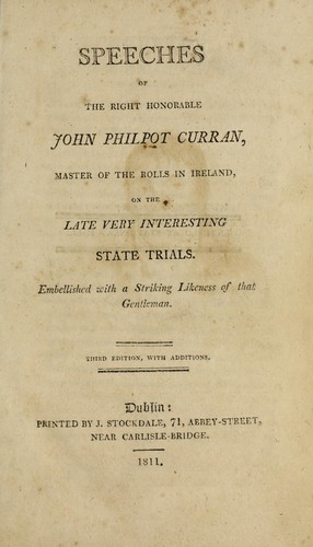 Cover for Speeches of the Right Honorable John Philpot Curran, master of the rolls in Ireland