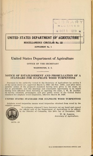 Cover for Notice of establishment and promulgation of a standard for sulphate wood turpentine